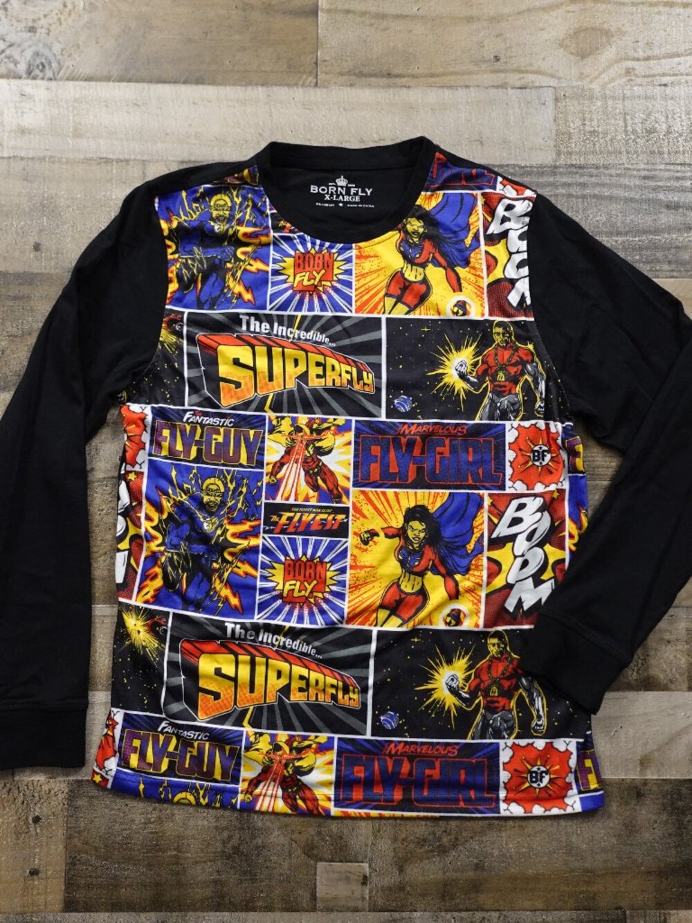 Born Fly Superhero Comic Graphic Shirt Men’s XL Black Long Sleeve Streetwear